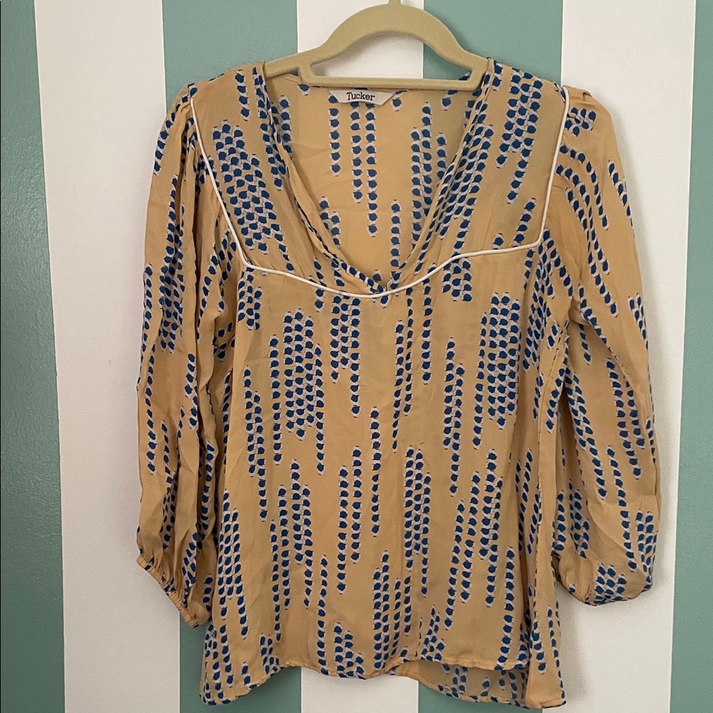 Tucker Women's Blouse in Tan with Blue Pattern